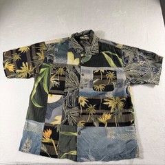 Tommy Bahama Shirt Men L Multi Patchwork Tropical Palm Silk Camp Button Up EUC