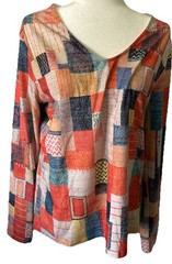 Artistic Patchwork Abstract Print Long Sleeve V-Neck Top Women’s Large Geometric