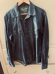 Wrangler Men’s L Denim Shirt Retro Premium Long Sleeve Blue Pearl Snap Western