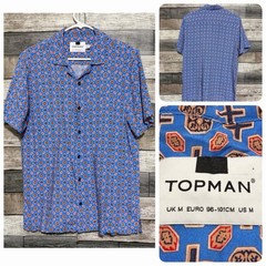 Topman 100% Viscose Short Sleeve Button Up Shirt Men’s M Blue Patterned