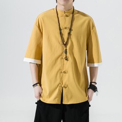Men Chinese Asian T-Shirt Frog Button Half Sleeve Shirt Blouse Top Casual Ethnic