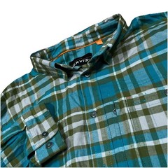 Orvis Plaid Large Long Sleeve PolyesterCottonBlend Shirt Lens Cleaner Zip Pocket