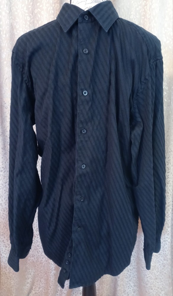 Structure Men’s Black Button Long Sleeve Dress Ribbed Design Shirt L/G 41-43