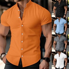 Men Summer Button Up Shirts Solid Short Sleeve Casual Formal Work Tops Shirts