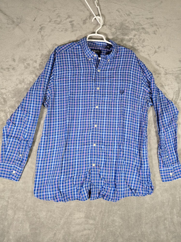 Chaps Shirt Mens Button Down XL Blue White Plaid Easy Care Twill Long Sleeve