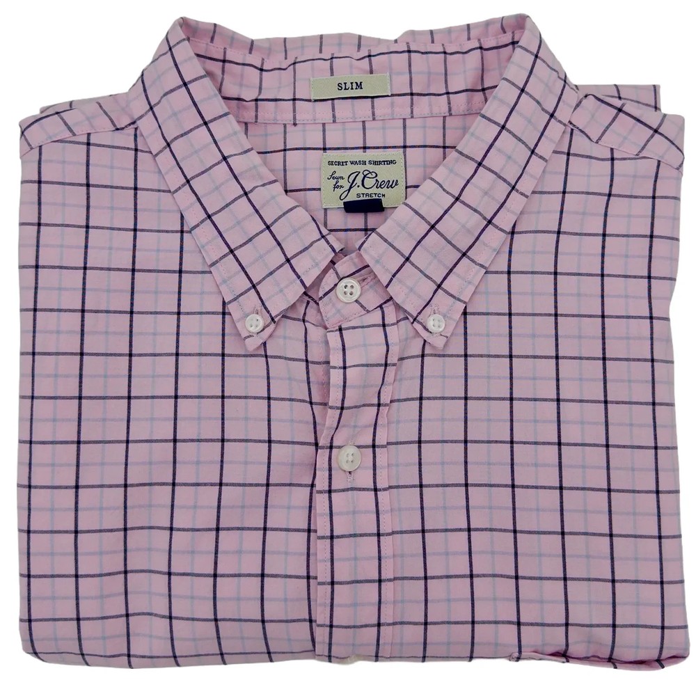 J Crew Button Down Shirt Slim Stretch Secret Wash Pink Grid Check XL Men’s Shirt