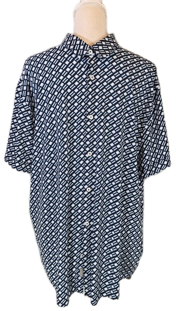GUESS XXL Collared Button Front Short Sleeve Shirt Geometric Navy Lt. Blue White