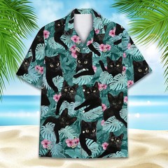 Tropical Black Cat Hawaiian Shirt Aloha Summer Beach Cat Lover Gift