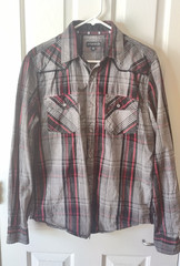 Wornstar Men’s Medium Plaid Western Snap Shirt Gray Black Red Long Sleeve