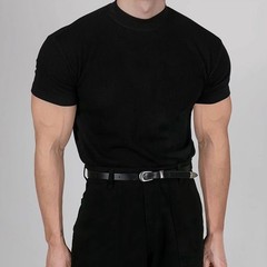 Knitted Short Sleeve T-Shirt for Men Half High Neck Regular Length Top