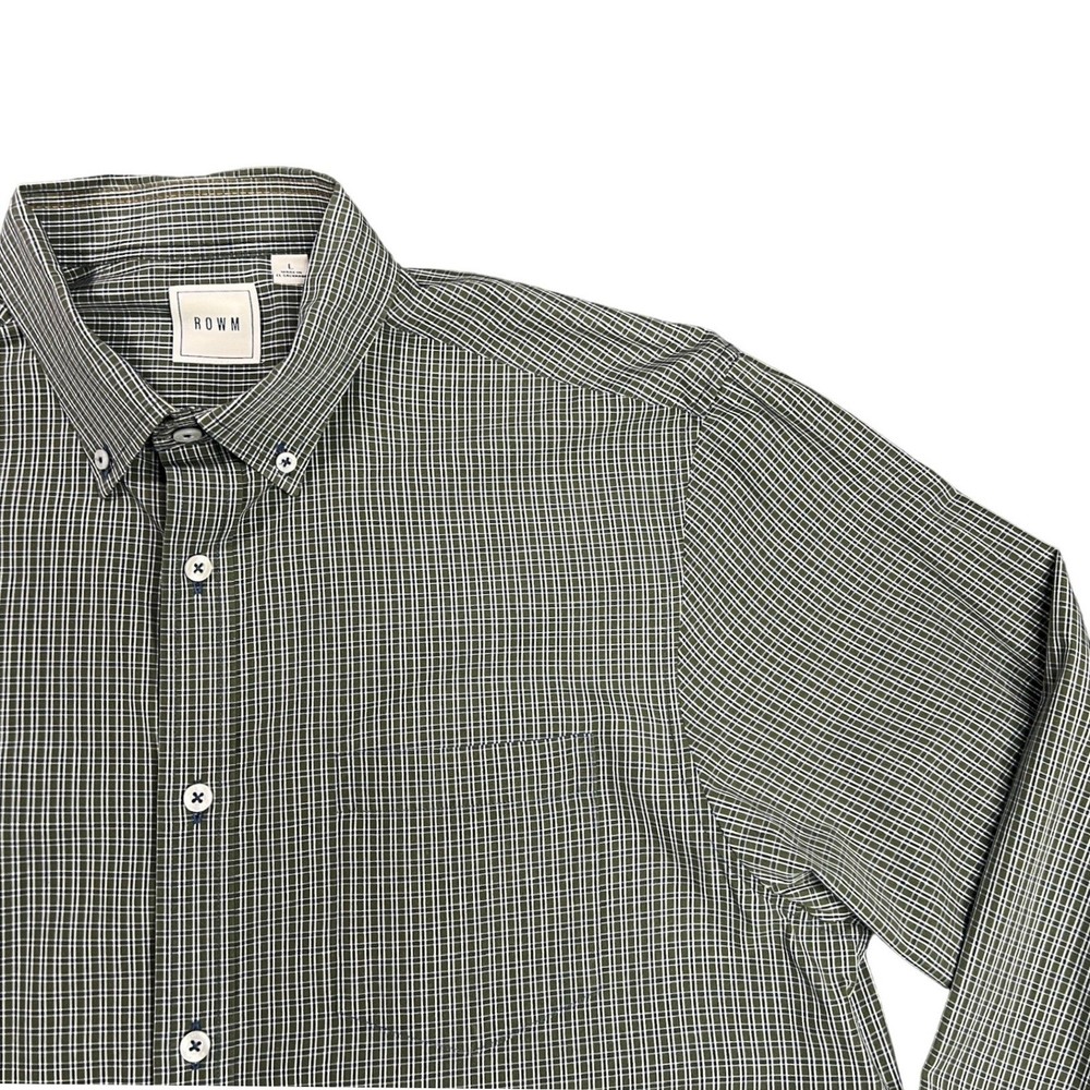 ROWM Men Large Long Sleeve Button Down Shirt Olive Green Navy Check Plaid Cotton