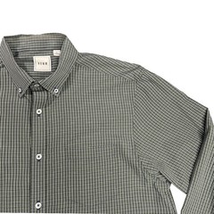 ROWM Men Large Long Sleeve Button Down Shirt Olive Green Navy Check Plaid Cotton