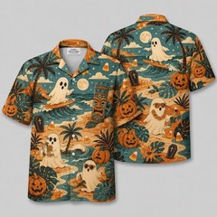 3D Tropical Halloween Hawaiian Shirt Pumpkin Tiki Aloha Beach Vacation Gift