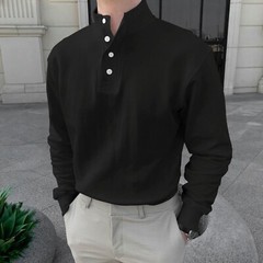 Men Button High Neck Stand Collar Solid Blouse Long Sleeve Top Cotton Shirt