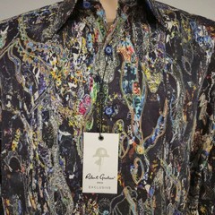 NWT $348 ROBERT GRAHAM EXOSPHERE BUTTON DOWN ABSTRUCT SILVER GOLD EMBROIDERY M