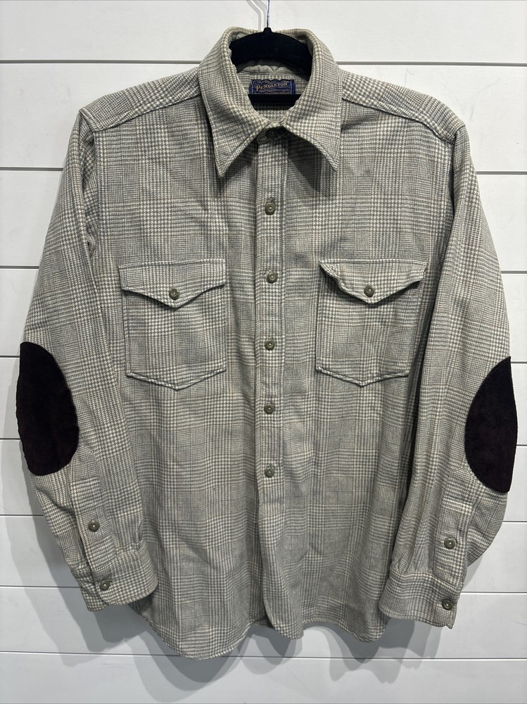 Vtg Pendleton Wool Plaid Flannel Field Suede Leather Button Up Shirt Mens Medium