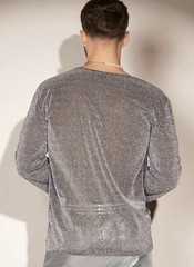 Manfinity Gray Size L Sheer Mesh Tinsel Metallic Long Sleeve V-Neck Tee