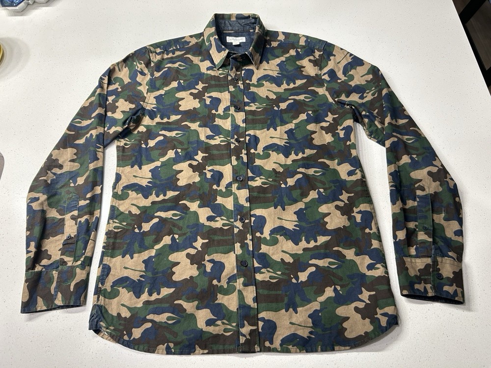 Sun + Stone Men’s Regular-Fit Camouflage cotton oxford Shirt Size medium denim