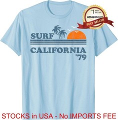 Vintage Surf California Beach T-Shirt Retro 70s Sunset Gift Light Blue Tee