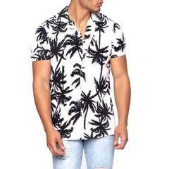 Nova Men Vacation Palm Leaf Button Down Shirt Short Sleeve Black White Size L