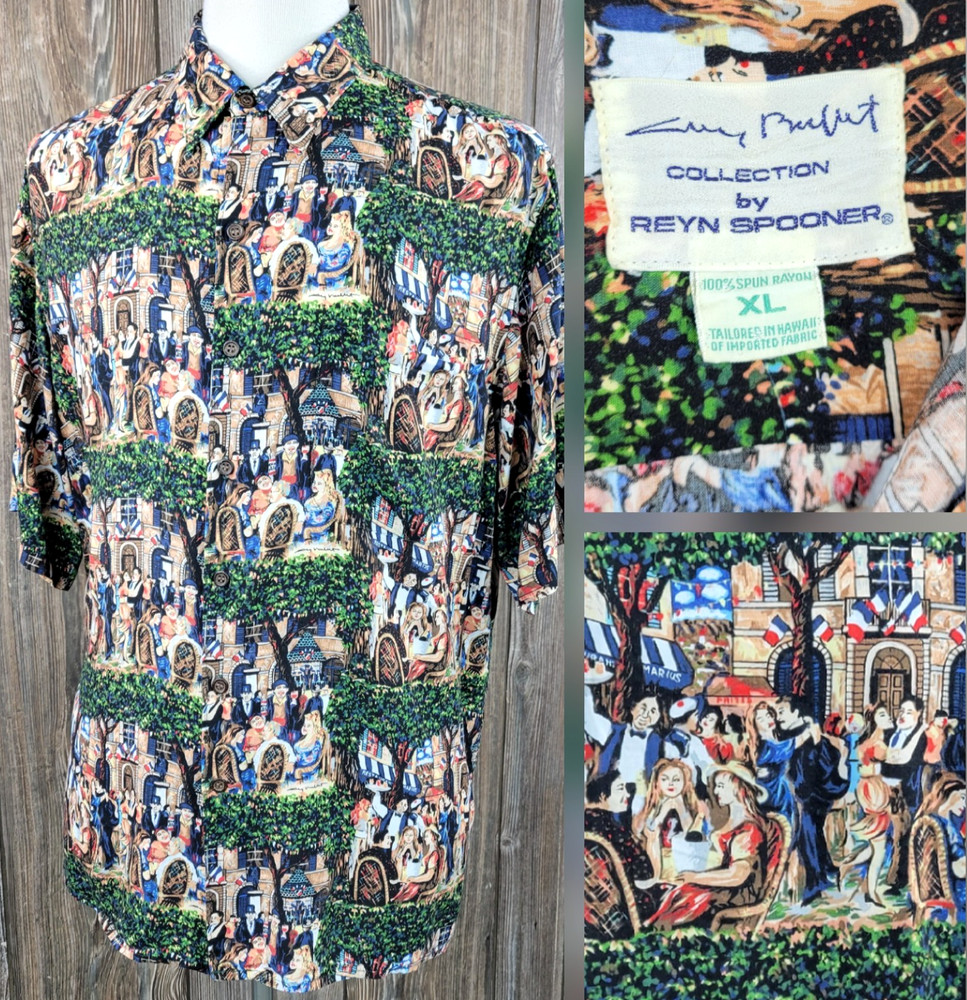 Reyn Spooner “Dining In Paris” Guy Buffet Collection Hawaiian Shirt Rayon Men XL
