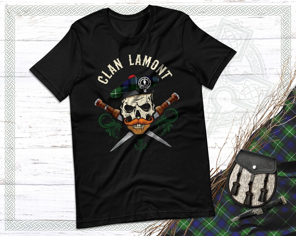 Scottish Clan Lamont Surname Skull Wearing Tam Dirks Tartan Badge