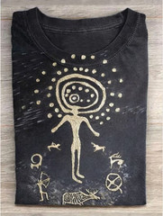 1pc Men’s Vintage Celestial Art Print T-Shirt – Black Batik Cotton Tee with Gold