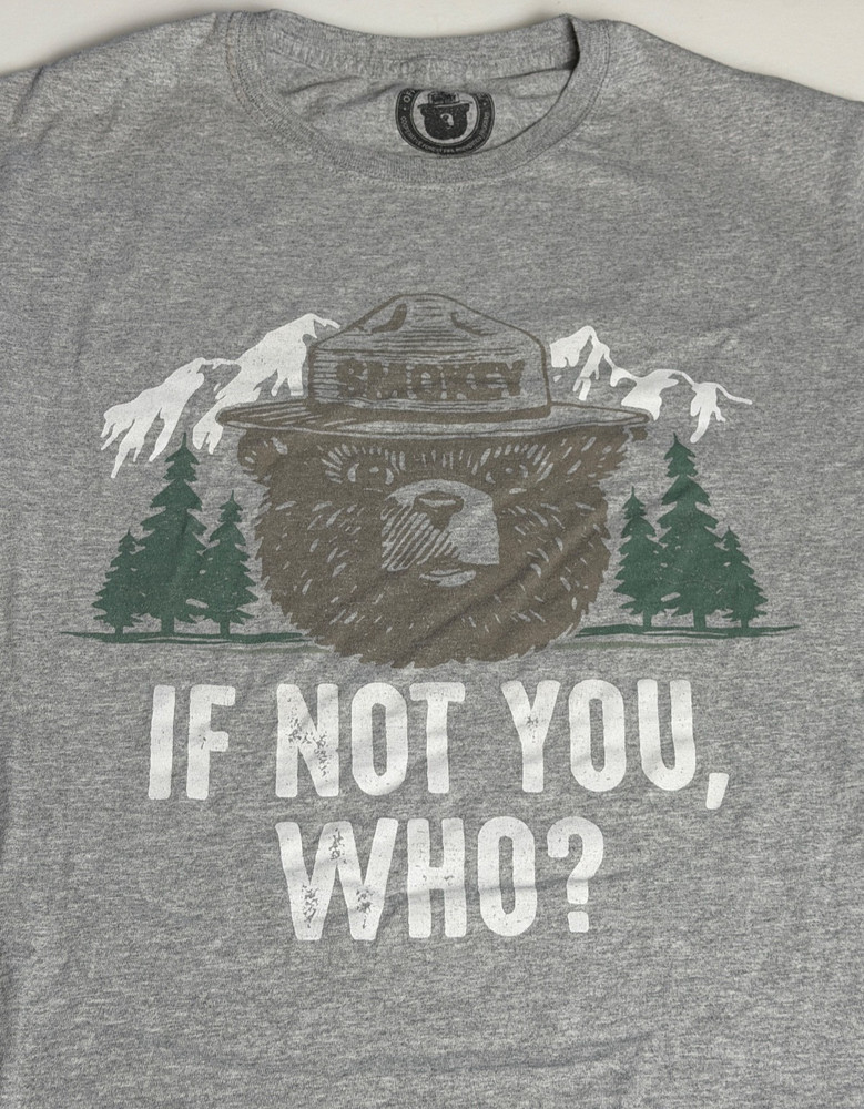 The Smokey the Bear T-shirt in size Large features a graphic print design with a
