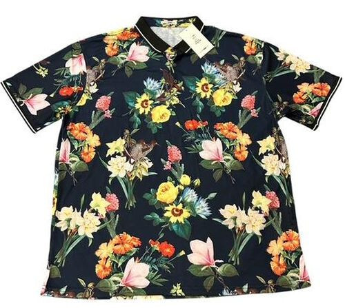 Fashion Nova Mens Polo Shirt 2XL Aloha Hawaiian Tropical Floral Birds Stretch