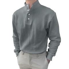 Men Button High Neck Stand Collar Solid Blouse Long Sleeve Top Cotton Shirt
