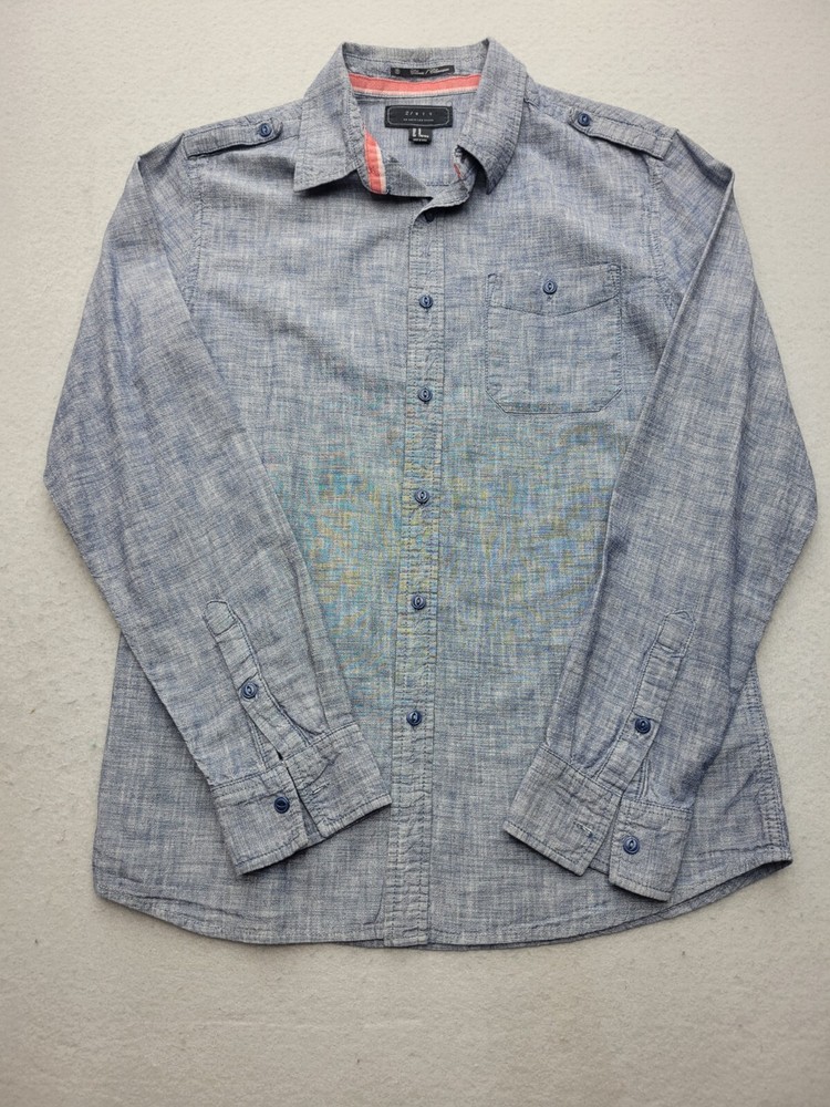 21 MEN Men Button-Up Medium Blue Heather 100% Cotton Long Sleeve China Work