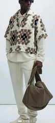 Geometric Woven Wool Short Sleeve Button-Up Shirt Beige Brown Black White L