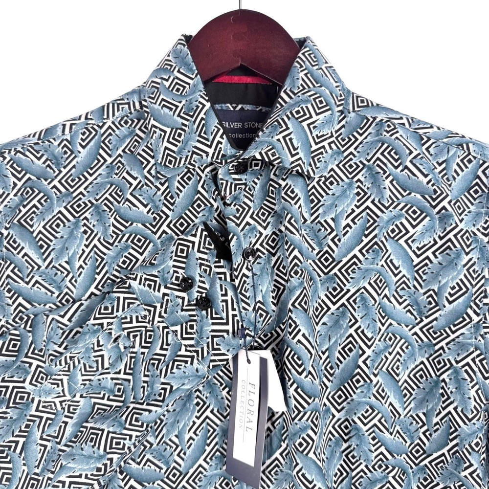 Silver Stone Collection Button Down Mens M Blue NEW Geometric Feather Modern Fit
