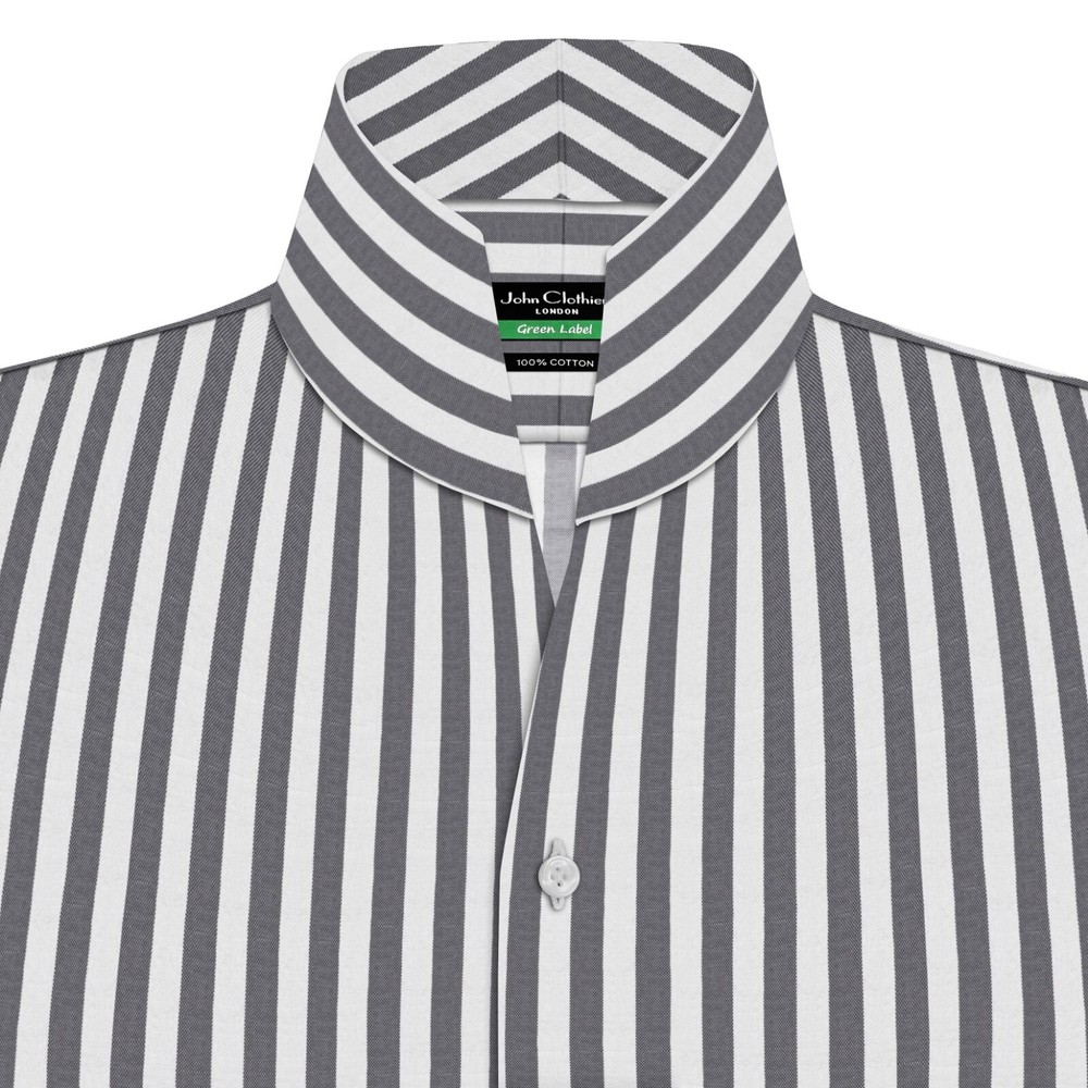 Men’s High Open Collar V Neck Buttonless Collar Shirt Grey White Stripes Summer