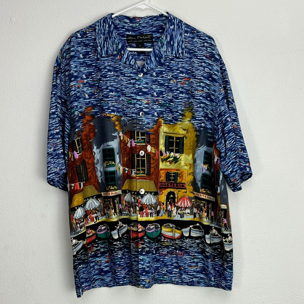 Guy Buffet Men’s Large Blue Graphic Print Silk Short Sleeve Button-Up Shirt