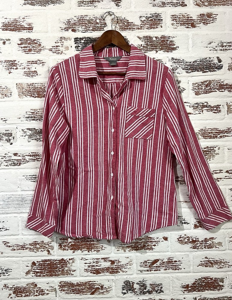 Natural Reflections Striped Button Down Shirt Red White Medium 100% Cotton