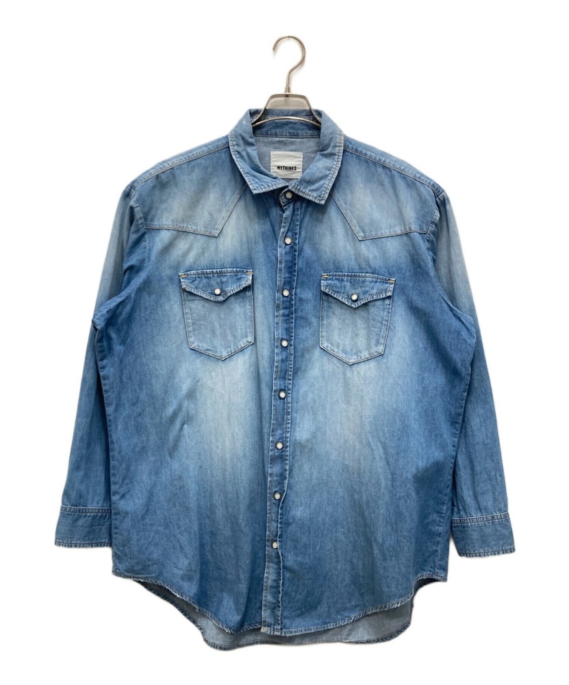 Authentic MYTHINKS Rayon Silk Distressed Western Denim Shirt L Indigo Men #1647