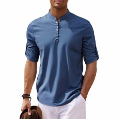 Autumn men’s solid color pullover henley cotton stand collar long sleeve shirt