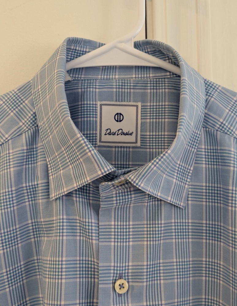 David Donahue Hidden Button-Down Shirt Blue Teal Glen Plaid Check Men’s L