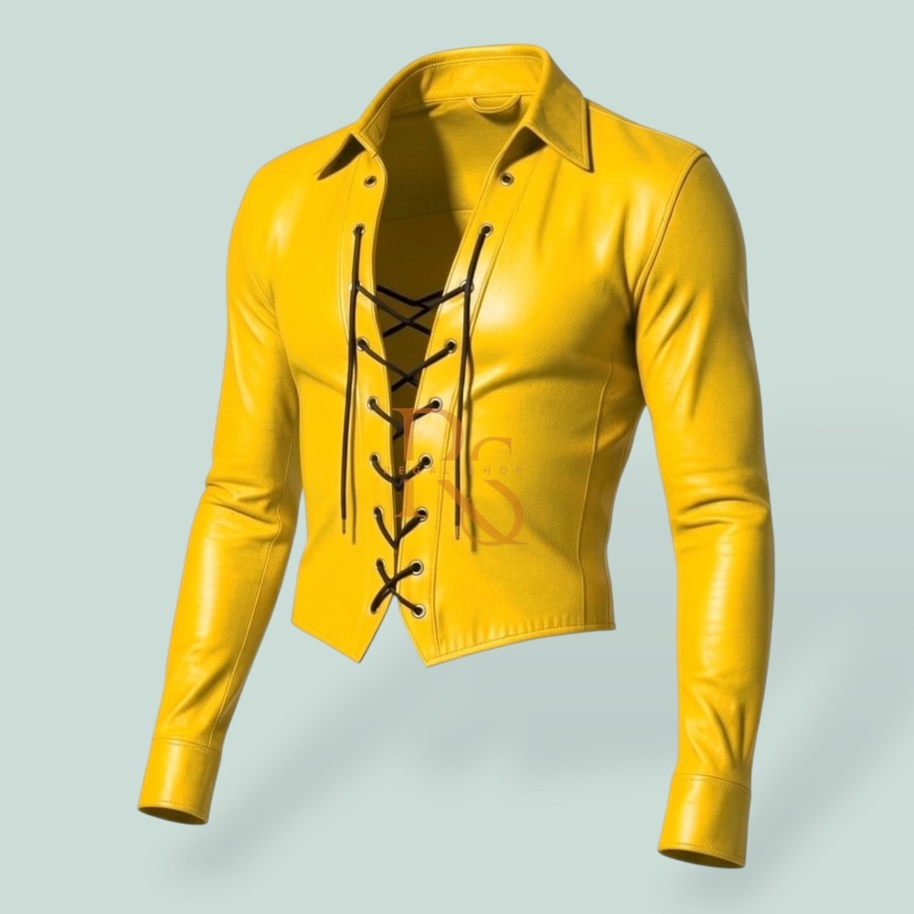 Men’s Genuine Lambskin Leather Shirt Yellow Lace-Up Slim Fit Designer Top