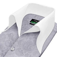 High Open Bow Collar Buttonless Gray Jacquard Paisley Mens Cocktail Events Shirt