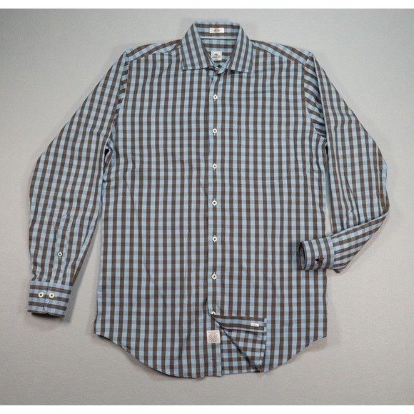 Peter Millar Men Medium Blue Brown Gingham Check Button Front Dress Shirt Cotton