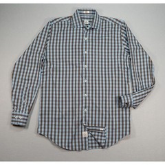 Peter Millar Men Medium Blue Brown Gingham Check Button Front Dress Shirt Cotton