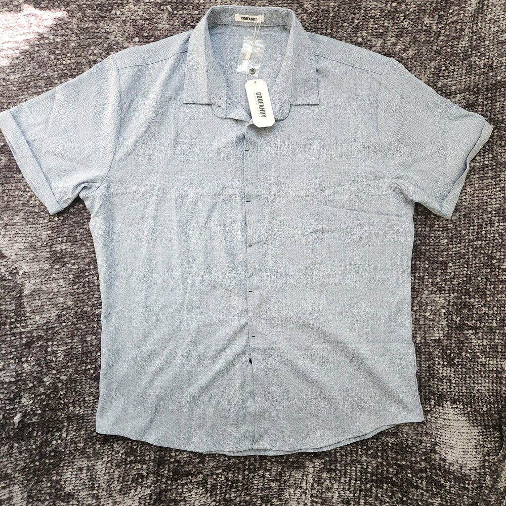 COOFANDY Short Sleeve Hidden Button Down Shirt Linen Blend Blue Size L