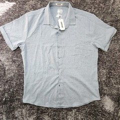 COOFANDY Short Sleeve Hidden Button Down Shirt Linen Blend Blue Size L