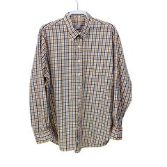 Peter Millar Button Down Shirt Cotton Men XL Orange Brown Blue Check Long Sleeve