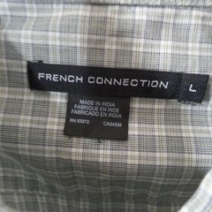 French Connection Plaid L/S button front Stretch Shirt Sz. L Roll Tab Sleeves