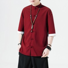 Men Chinese Asian T-Shirt Frog Button Half Sleeve Shirt Blouse Top Casual Ethnic