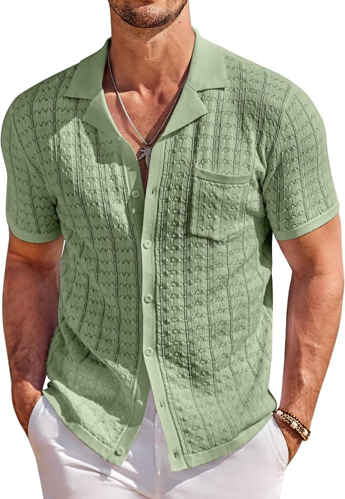 Coofandy Men’s Knit Button Down Classic Solid Mens Shirt Short Sleeve Vintage