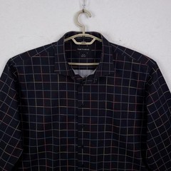Paul Fredrick Button Down Mens 18 x 35 Navy Multi Windowpane Grid Cotton Shirt